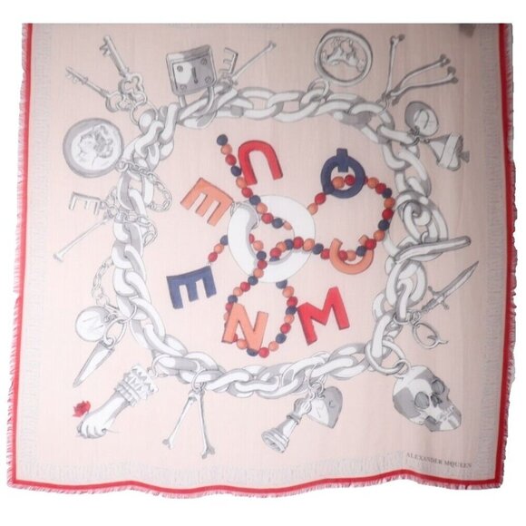 Alexander McQueen Unisex 138x138 Beige Red Skull Charm Bracelet Silk Modal Scarf - Picture 7 of 7
